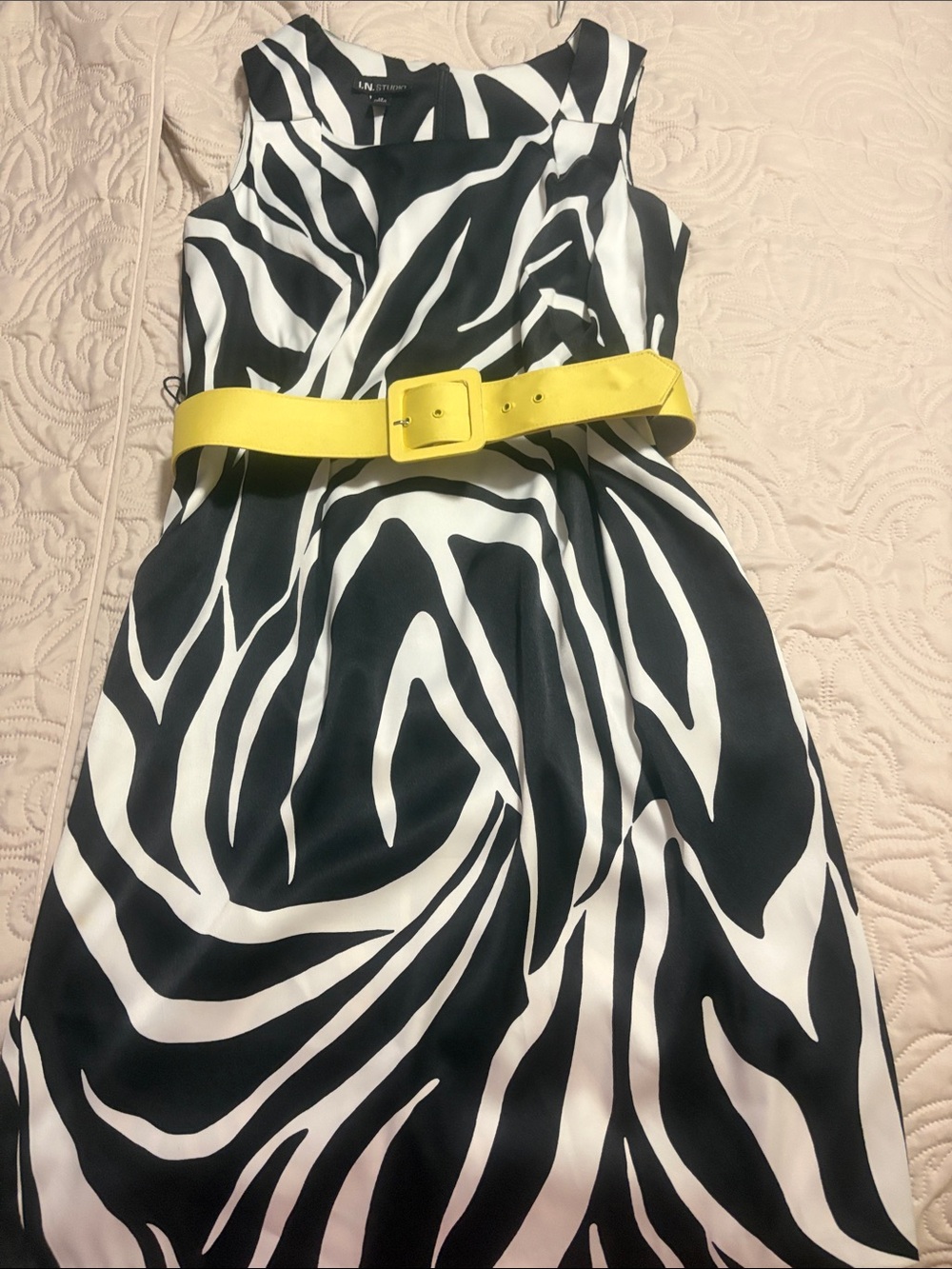 I.N. Studio Black & White Zebra Print Dress with Yellow Belt